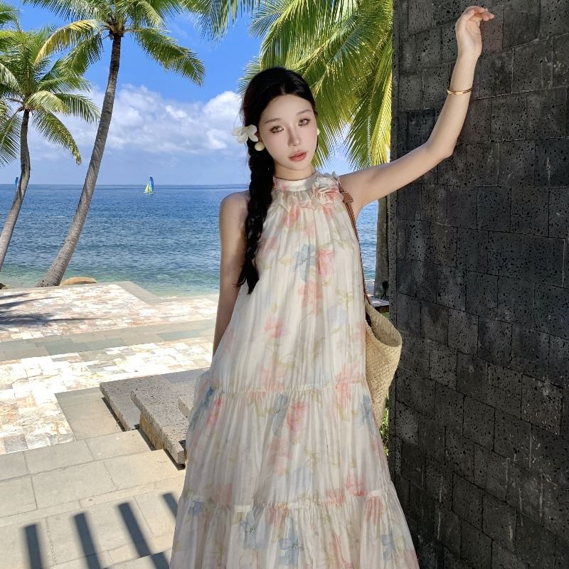 Halter Tiered Sleeveless Sundress Midi A-Line Floral