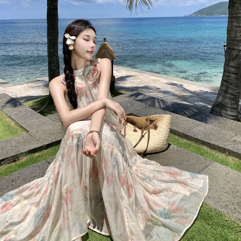 Halter Tiered Sleeveless Sundress Midi A-Line Floral