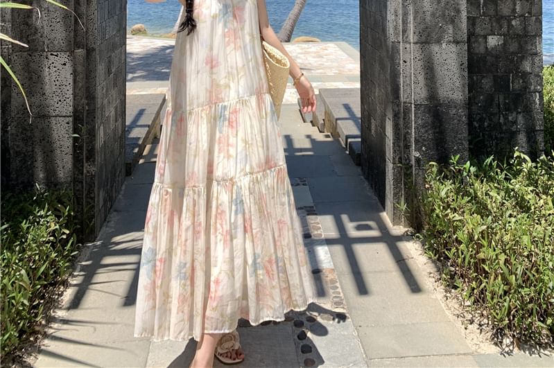 Halter Tiered Sleeveless Sundress Midi A-Line Floral