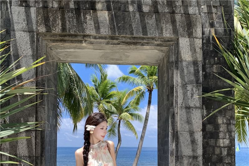 Halter Tiered Sleeveless Sundress Midi A-Line Floral