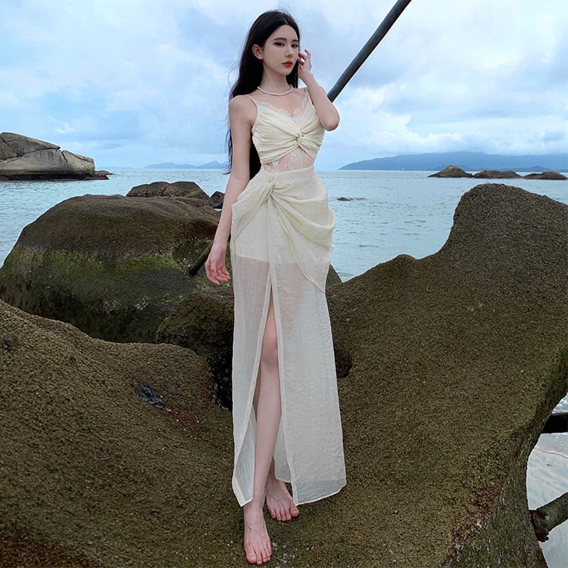 Slit Knot Dress Lace Panel Spaghetti Sheath Maxi Strap