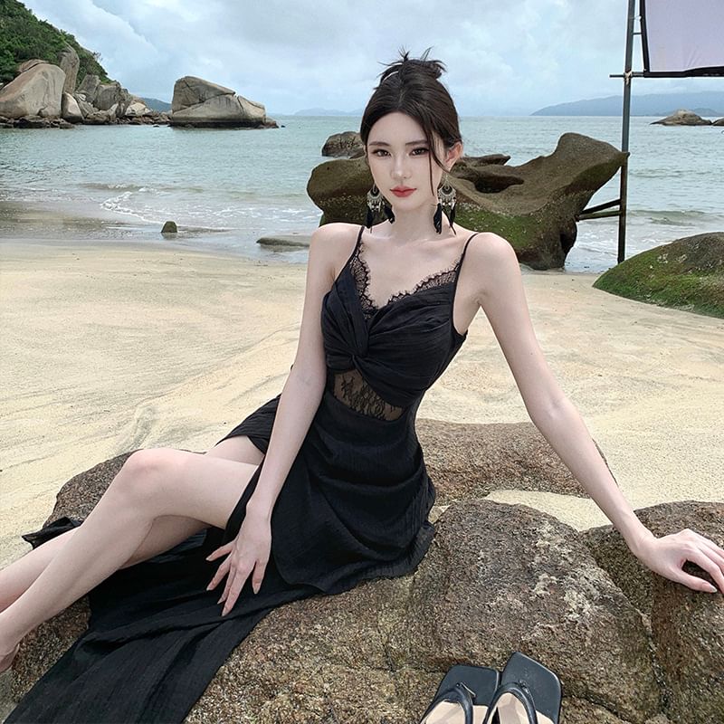 Slit Knot Dress Lace Panel Spaghetti Sheath Maxi Strap