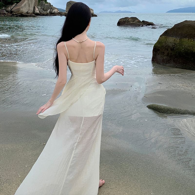 Slit Knot Dress Lace Panel Spaghetti Sheath Maxi Strap