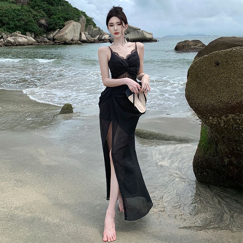 Slit Knot Dress Lace Panel Spaghetti Sheath Maxi Strap
