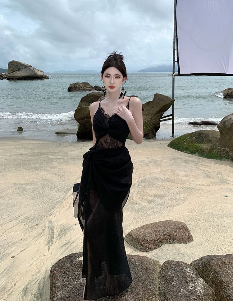Slit Knot Dress Lace Panel Spaghetti Sheath Maxi Strap