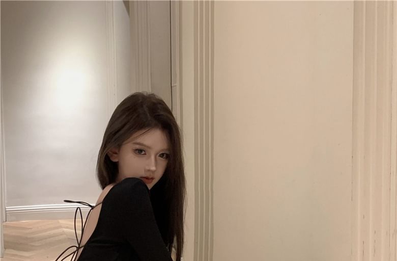 Long-Sleeve Neck Back Dress Open Plain Maxi A-Line Round