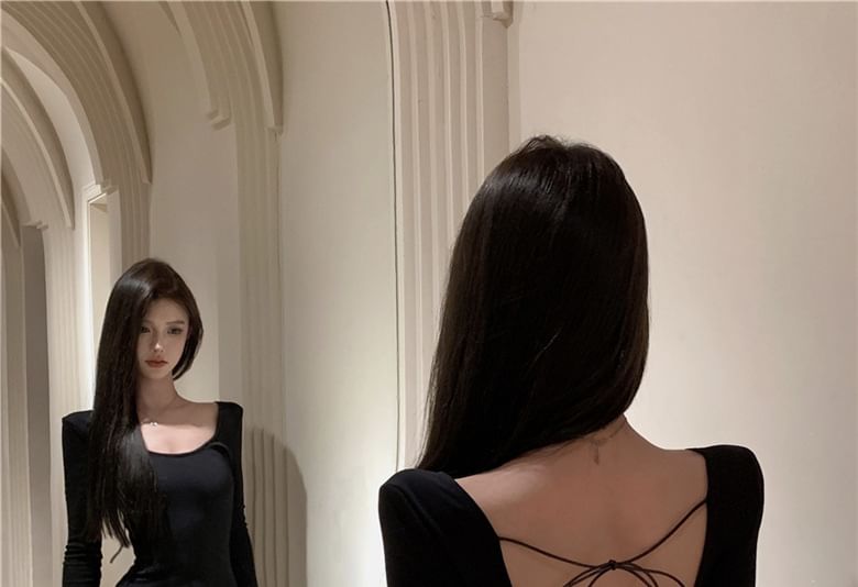 Long-Sleeve Neck Back Dress Open Plain Maxi A-Line Round