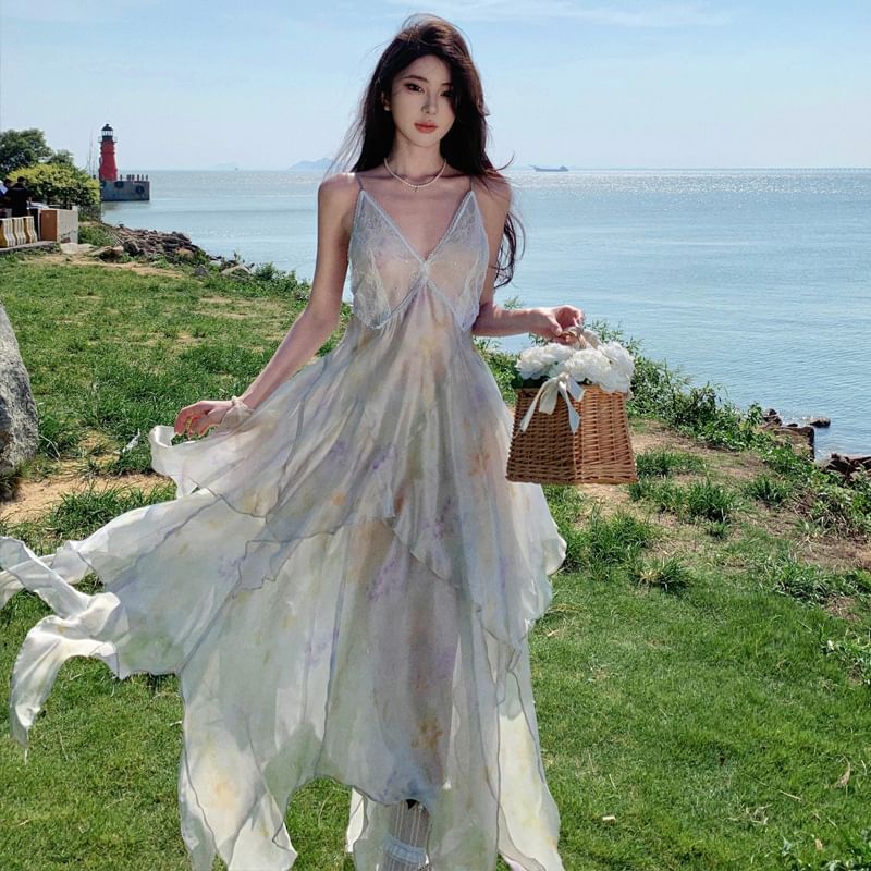 Sundress Panel A-Line Spaghetti Asymmetrical Midi Strap Floral Lace