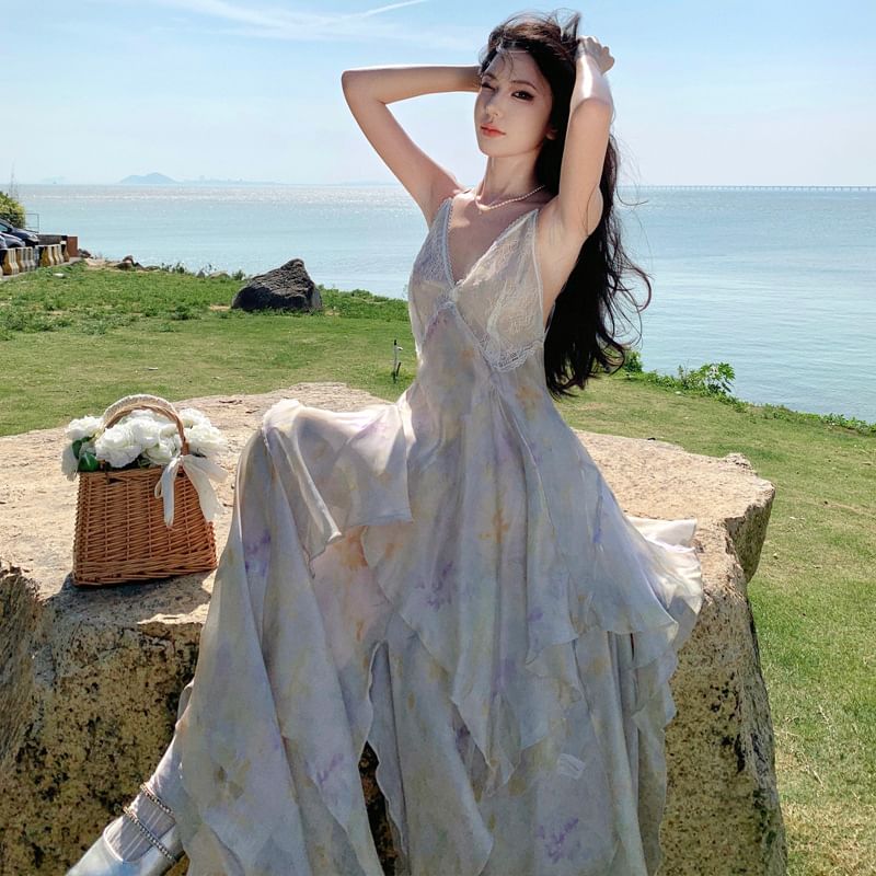 Sundress Panel A-Line Spaghetti Asymmetrical Midi Strap Floral Lace