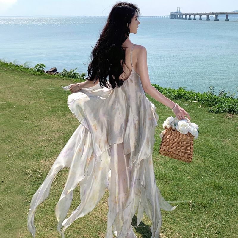 Sundress Panel A-Line Spaghetti Asymmetrical Midi Strap Floral Lace