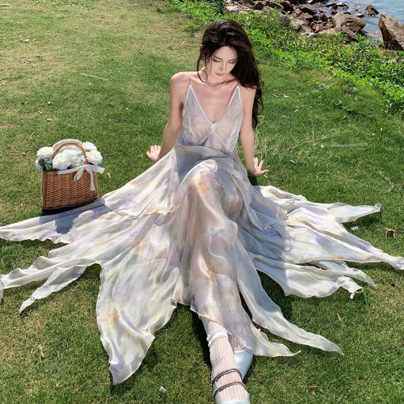 Sundress Panel A-Line Spaghetti Asymmetrical Midi Strap Floral Lace