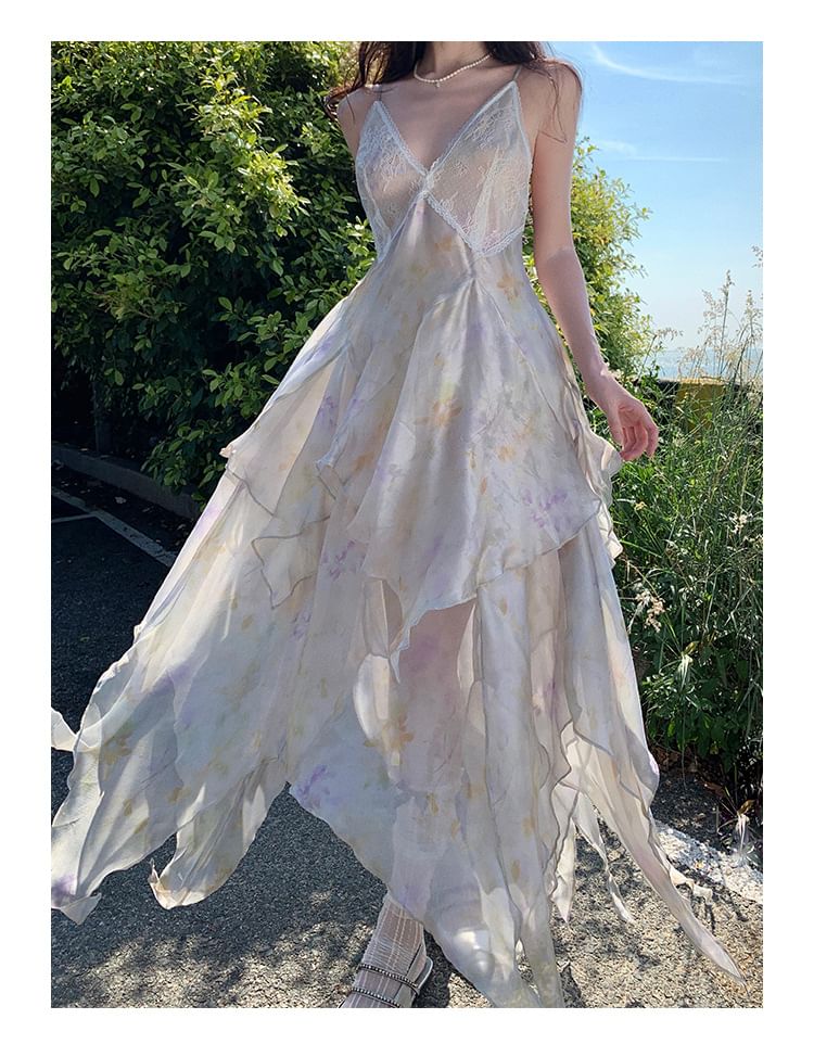 Sundress Panel A-Line Spaghetti Asymmetrical Midi Strap Floral Lace
