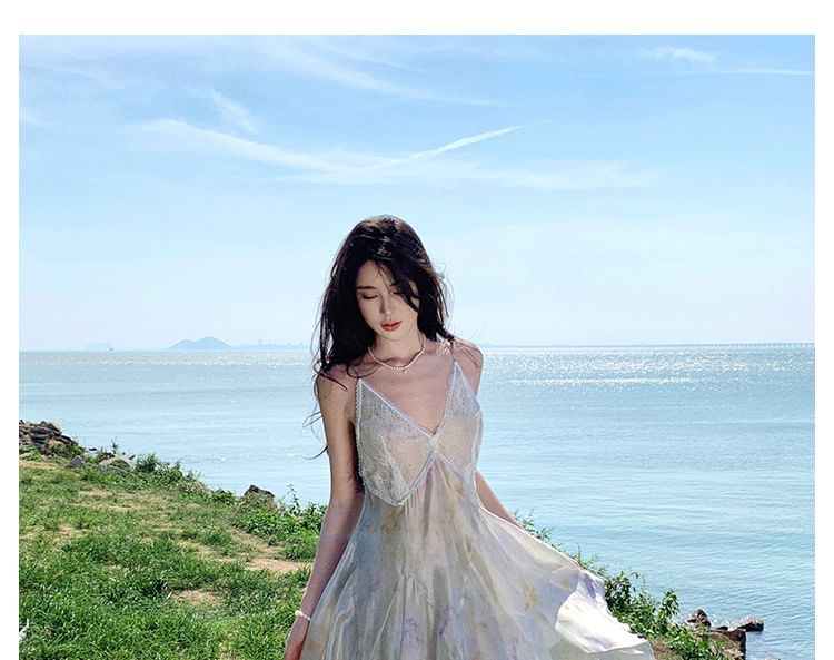 Sundress Panel A-Line Spaghetti Asymmetrical Midi Strap Floral Lace