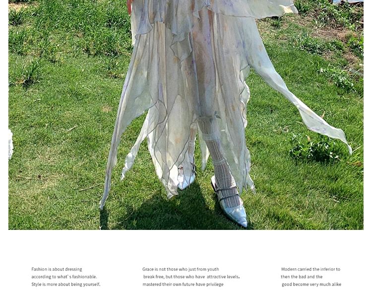 Sundress Panel A-Line Spaghetti Asymmetrical Midi Strap Floral Lace