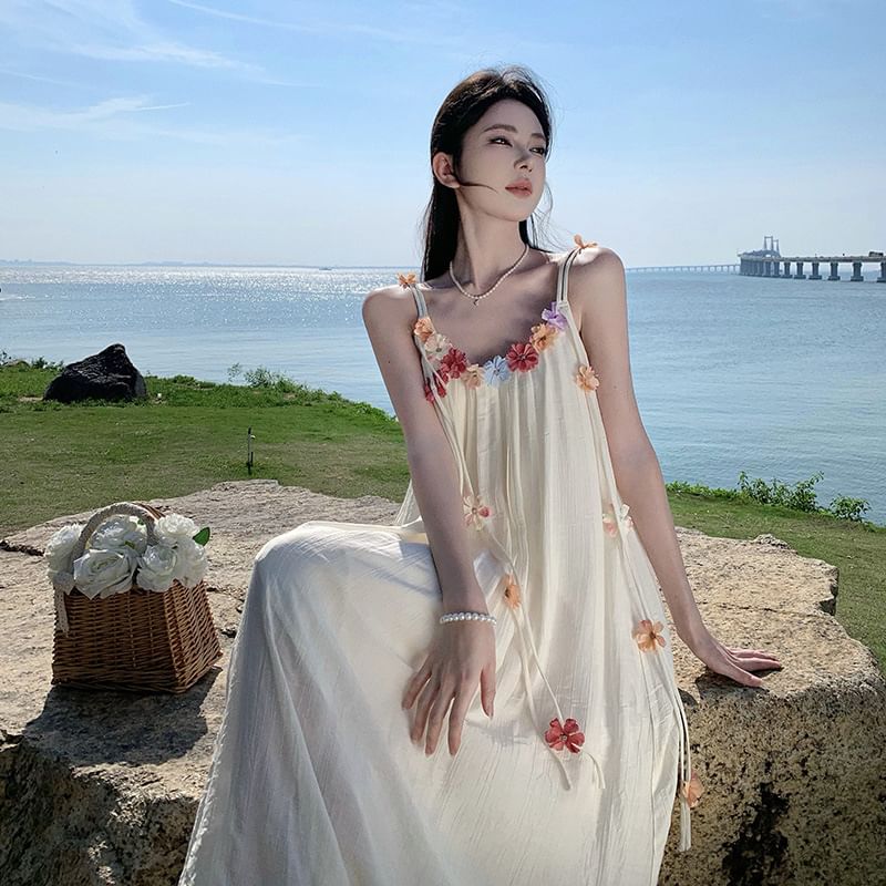 Dress A-Line Flower Strap Midi Accent Spaghetti