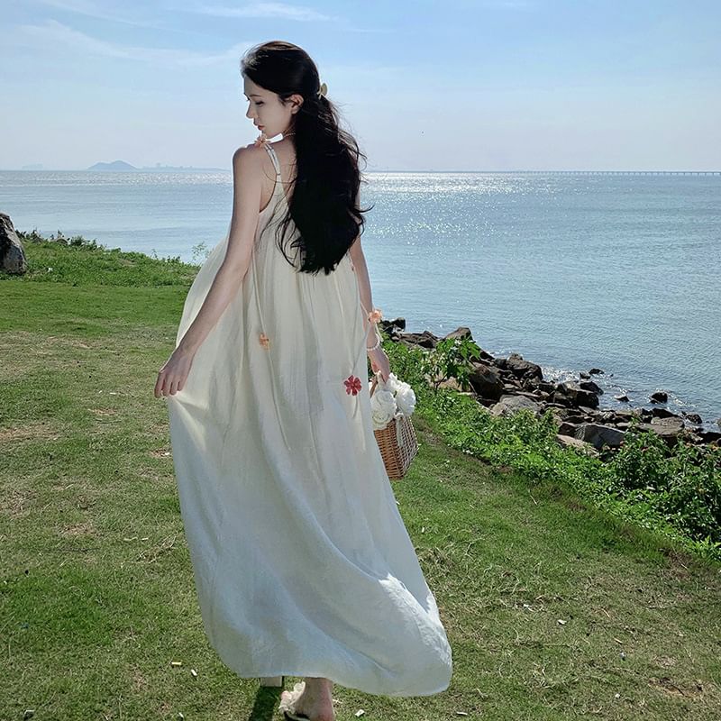 Dress A-Line Flower Strap Midi Accent Spaghetti