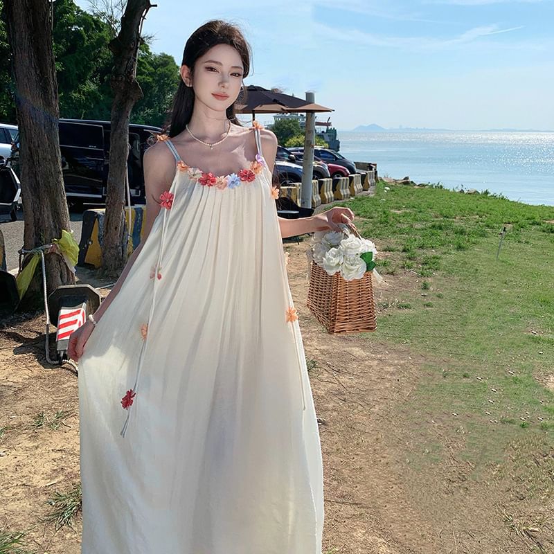 Dress A-Line Flower Strap Midi Accent Spaghetti