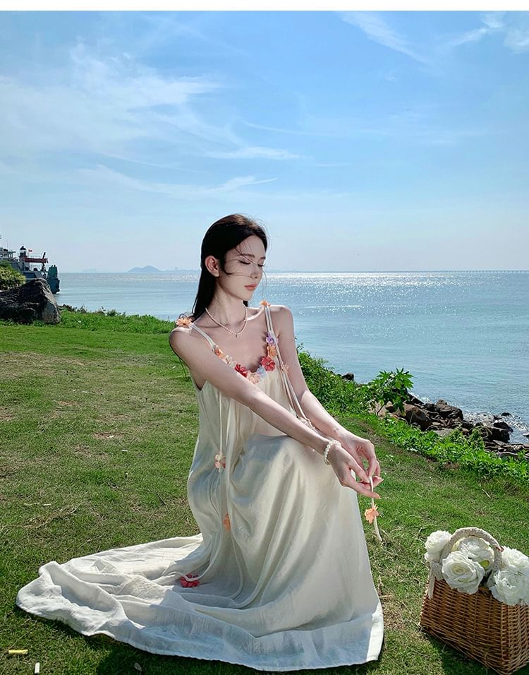 Dress A-Line Flower Strap Midi Accent Spaghetti