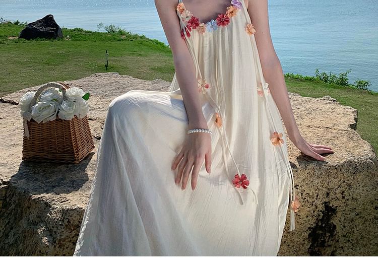 Dress A-Line Flower Strap Midi Accent Spaghetti