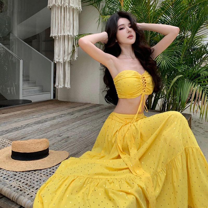 Lace-Up Crop Tube Set: Mid Top Rise Skirt A-Line Maxi +