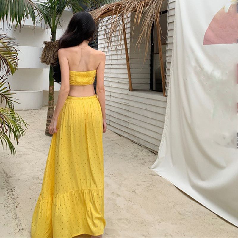 Lace-Up Crop Tube Set: Mid Top Rise Skirt A-Line Maxi +