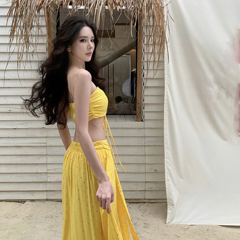 Lace-Up Crop Tube Set: Mid Top Rise Skirt A-Line Maxi +