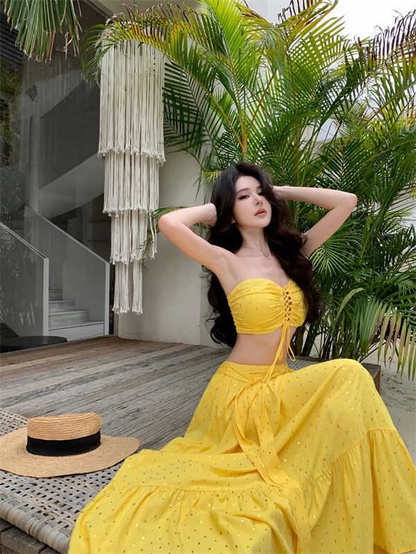 Lace-Up Crop Tube Set: Mid Top Rise Skirt A-Line Maxi +