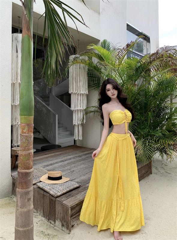 Lace-Up Crop Tube Set: Mid Top Rise Skirt A-Line Maxi +