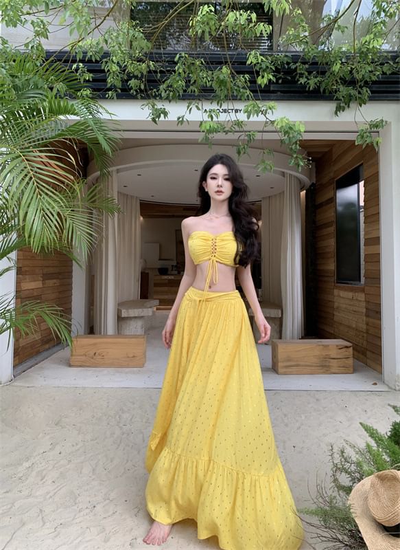 Lace-Up Crop Tube Set: Mid Top Rise Skirt A-Line Maxi +