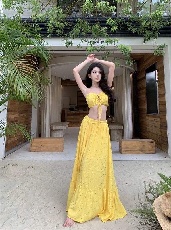 Lace-Up Crop Tube Set: Mid Top Rise Skirt A-Line Maxi +