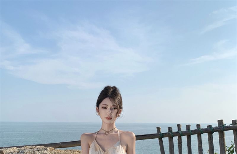 Ruffle Halter Floral Open Trim Maxi Dress Back A-Line