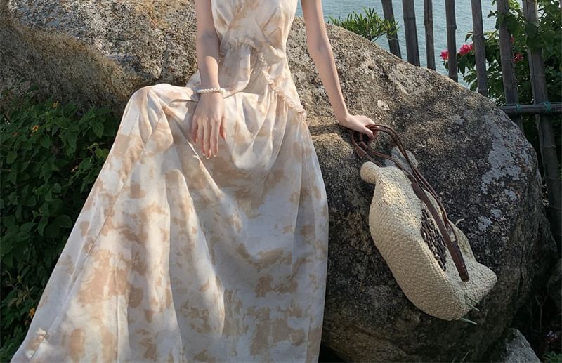 Ruffle Halter Floral Open Trim Maxi Dress Back A-Line