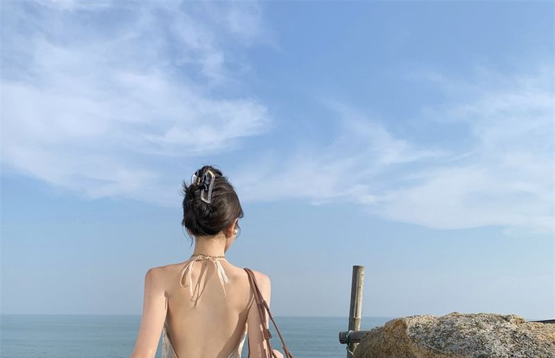 Ruffle Halter Floral Open Trim Maxi Dress Back A-Line