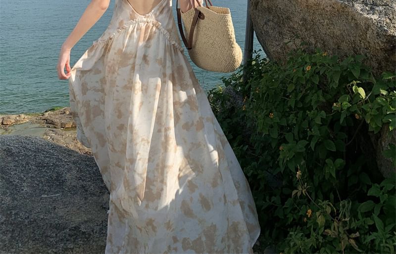 Ruffle Halter Floral Open Trim Maxi Dress Back A-Line