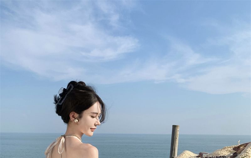 Ruffle Halter Floral Open Trim Maxi Dress Back A-Line