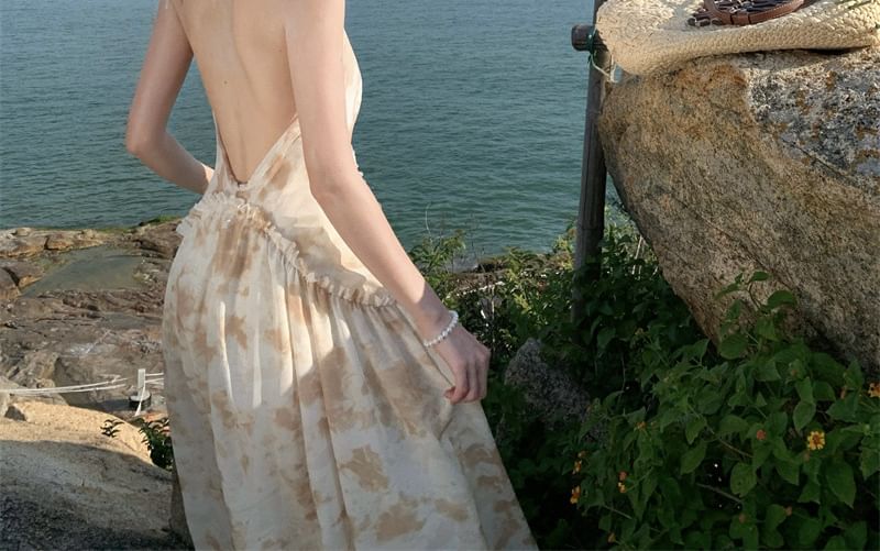 Ruffle Halter Floral Open Trim Maxi Dress Back A-Line