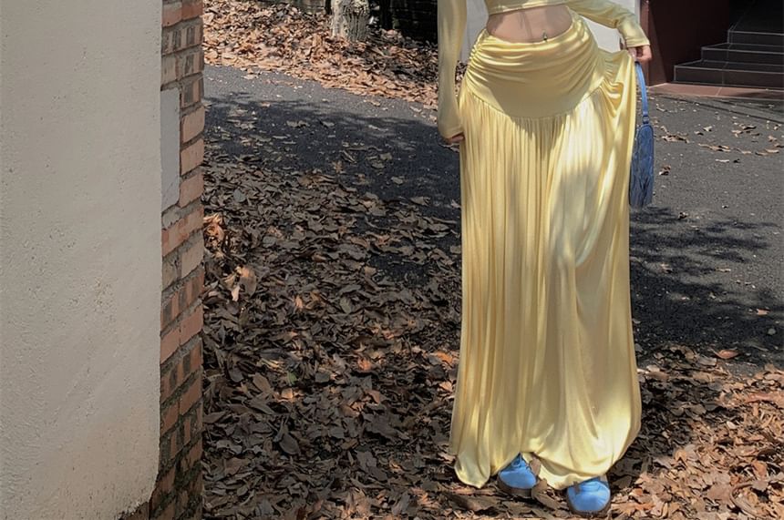 Maxi + A-Line Fit Skirt Set: Off-Shoulder Waist Plain Long-Sleeve Tee High Slim Crop