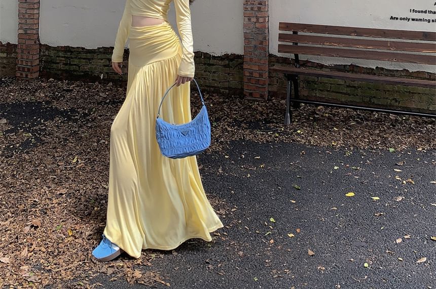 Maxi + A-Line Fit Skirt Set: Off-Shoulder Waist Plain Long-Sleeve Tee High Slim Crop