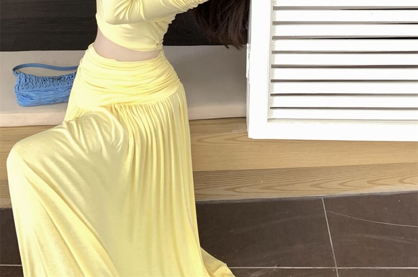 Maxi + A-Line Fit Skirt Set: Off-Shoulder Waist Plain Long-Sleeve Tee High Slim Crop