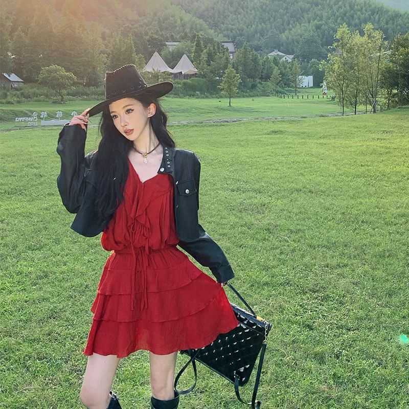 A-Line Skirt V-Neck + Blouse Set: Long-Sleeve Plain Tiered Mini