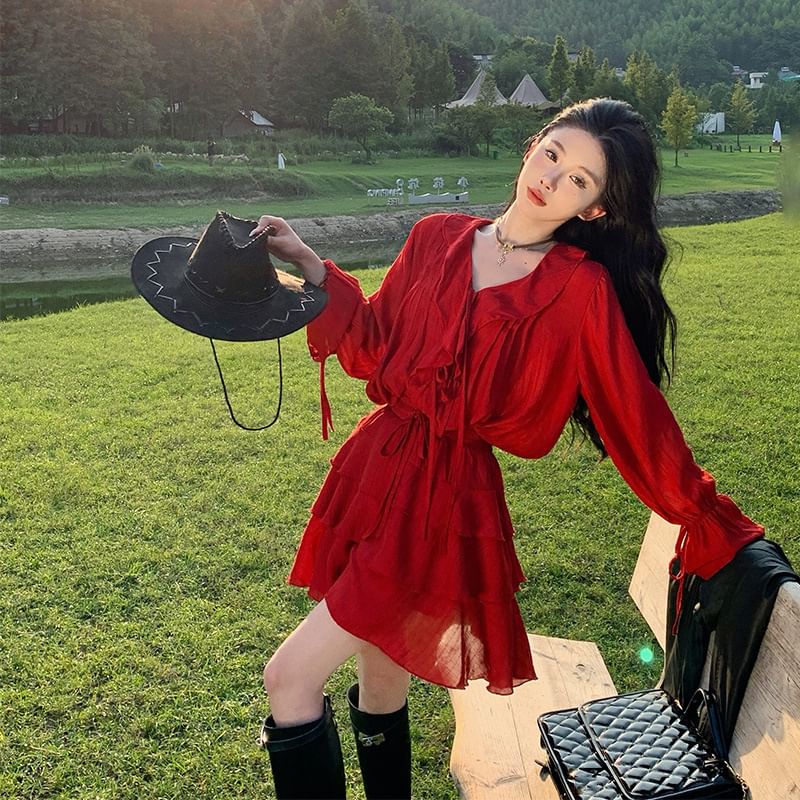 A-Line Skirt V-Neck + Blouse Set: Long-Sleeve Plain Tiered Mini