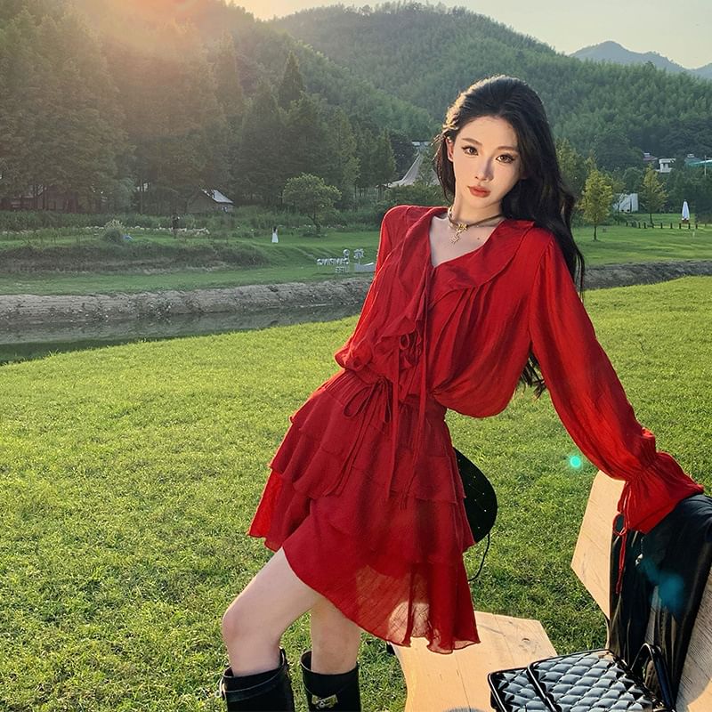 A-Line Skirt V-Neck + Blouse Set: Long-Sleeve Plain Tiered Mini