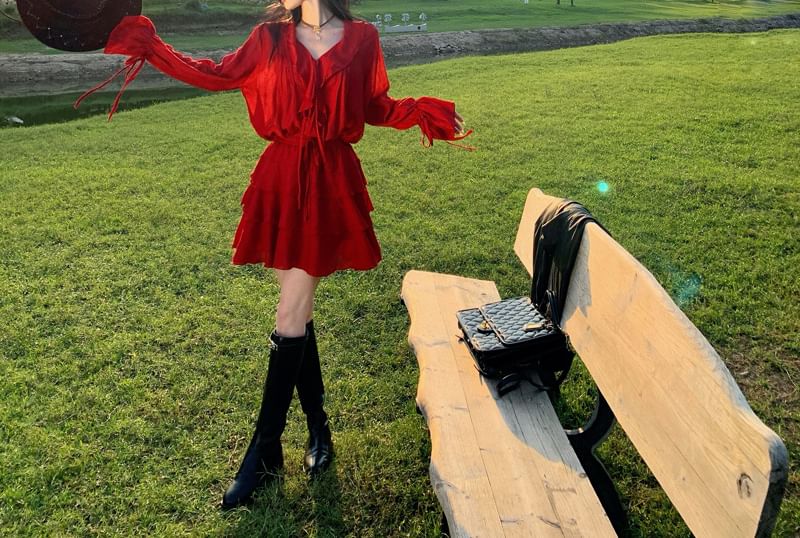 A-Line Skirt V-Neck + Blouse Set: Long-Sleeve Plain Tiered Mini