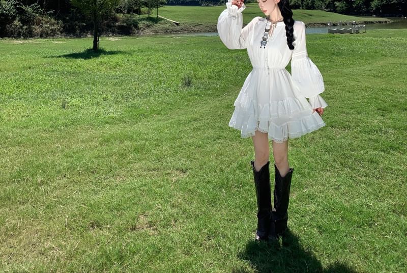 Dress Plain Trim A-Line Mini Lace Long-Sleeve Tiered