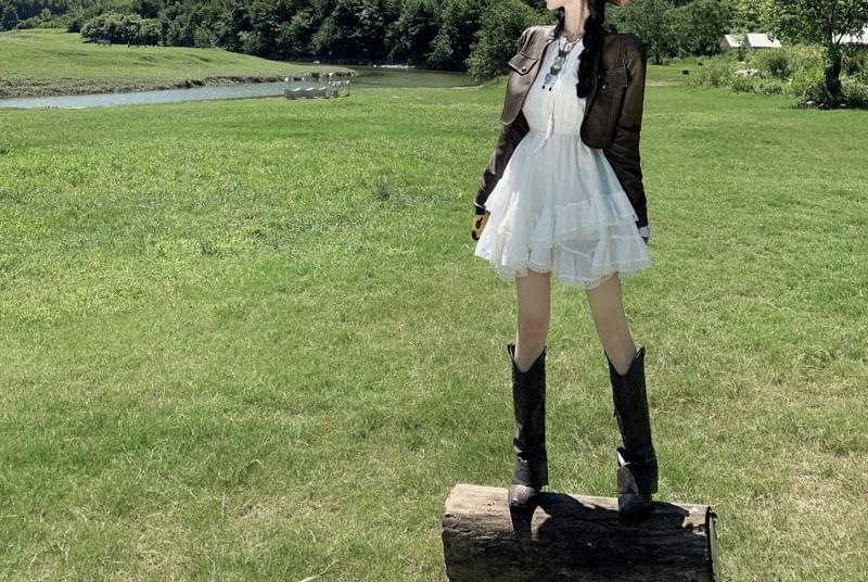 Dress Plain Trim A-Line Mini Lace Long-Sleeve Tiered