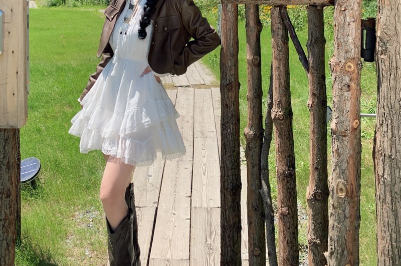 Dress Plain Trim A-Line Mini Lace Long-Sleeve Tiered