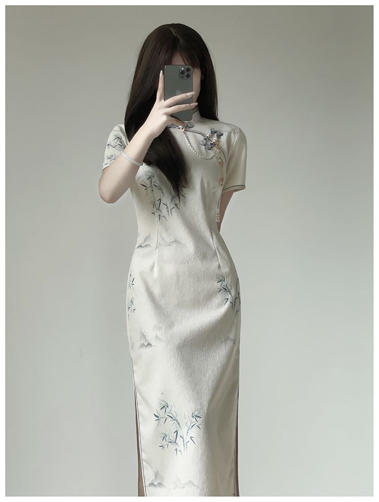 Short Sleeve Mandarin Collar Bamboo Print Midi Qipao