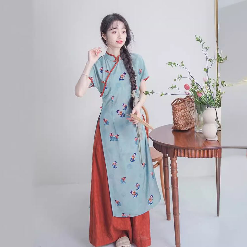 Short-Sleeve Floral Slit Midi Qipao / Mid Waist Wide Leg Pants / Set