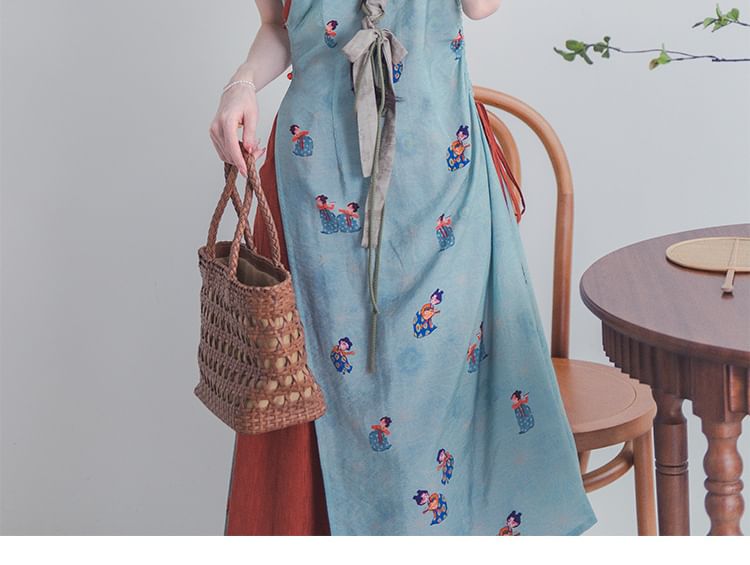 Short-Sleeve Floral Slit Midi Qipao / Mid Waist Wide Leg Pants / Set