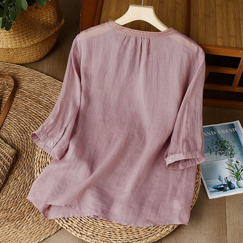 3/4-Sleeve Notch Neck Floral Embroidered Linen Blouse